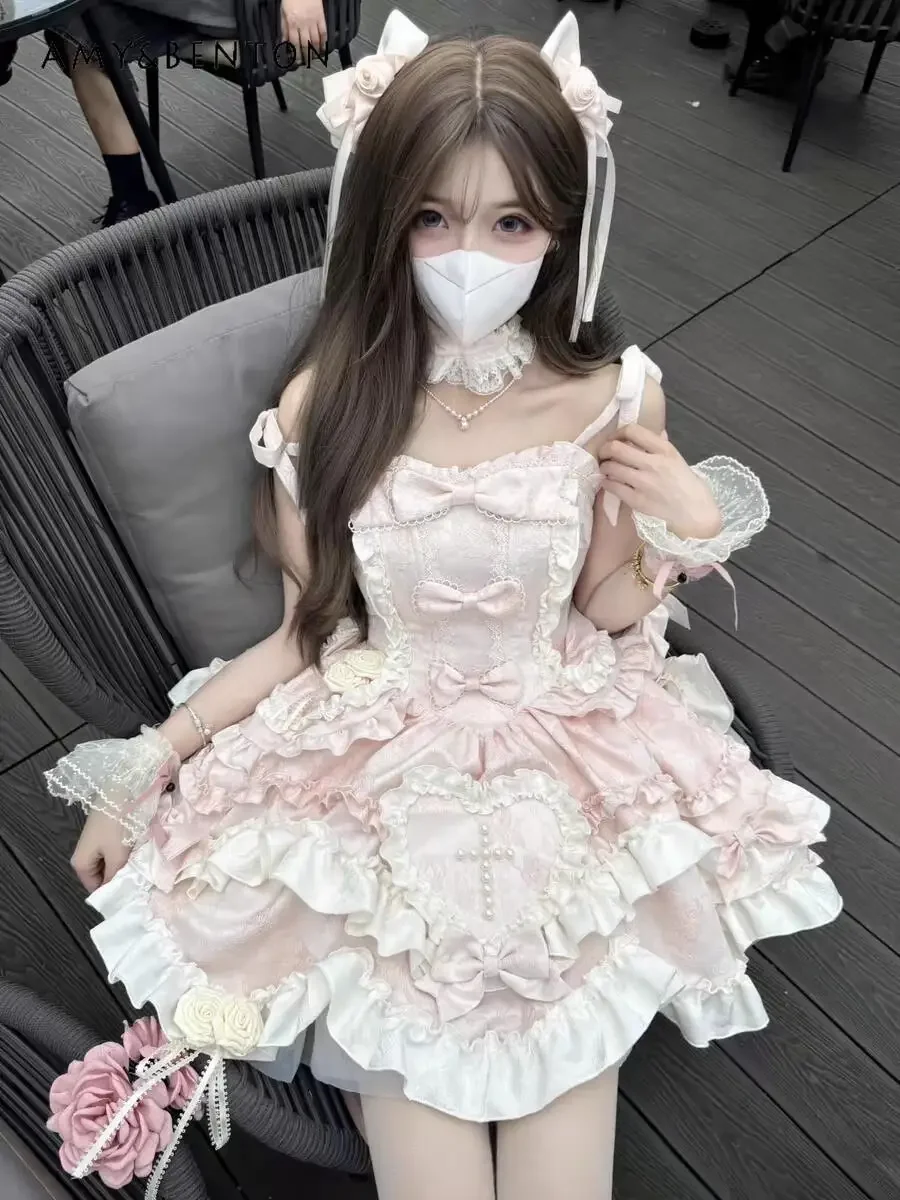 Doce diário lolita jsk princesa vestido de baile bonito arco tubo superior fino em camadas bolo vestido para mulheres gracioso vestido de festa verão