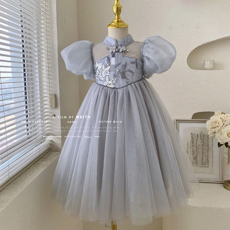 Girls' Dress2024Summer New High-End Children's Mesh Princess Dress Birthday Dress National Style Puff Sleeve