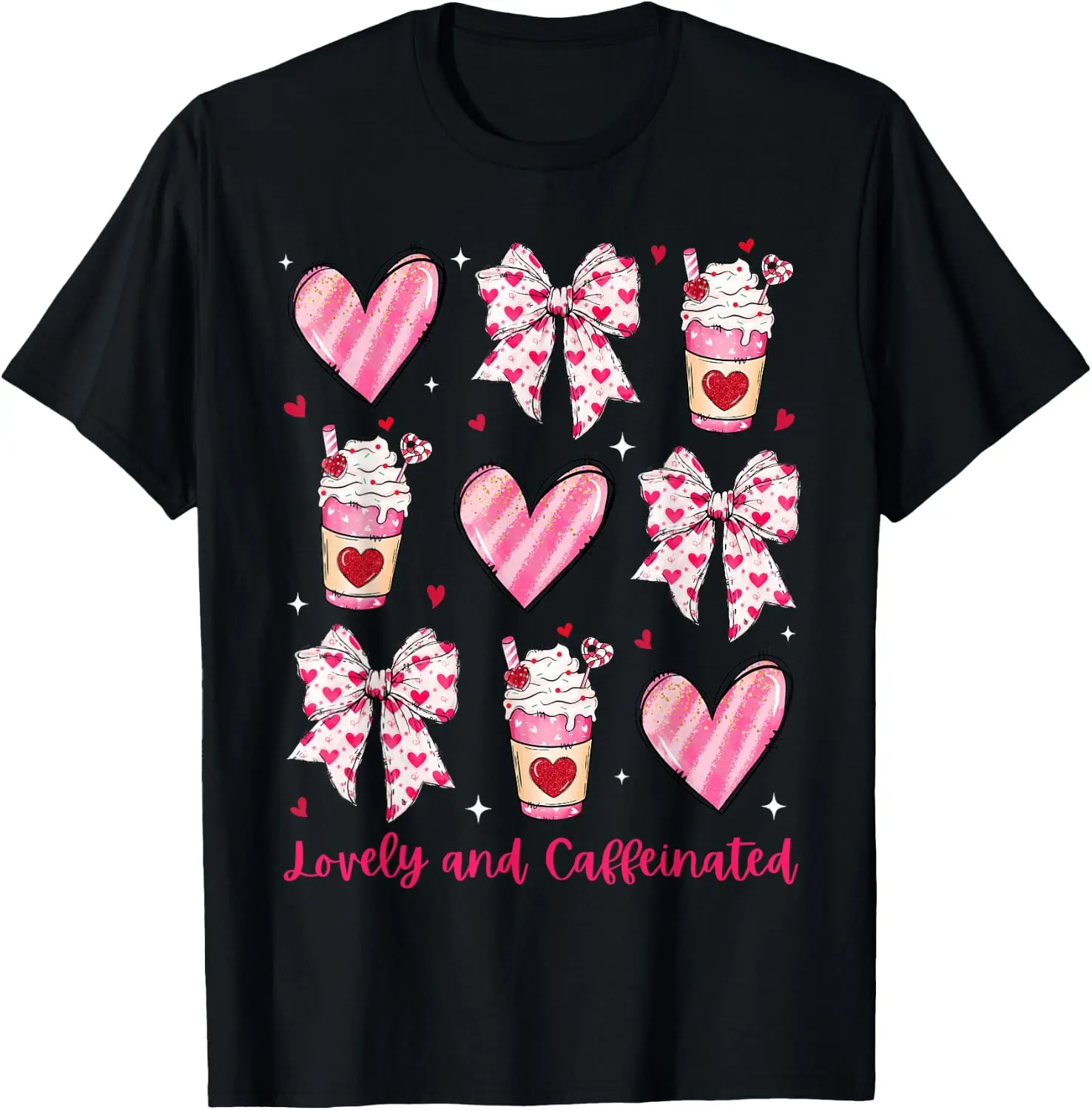 Lovely And Caffeinated Coquette Bow Coffee Lover Girl Women T-Shirt 100% Cotton Trendy Y2K Short-Sleeve Tee-Soft, Quick-Drying,