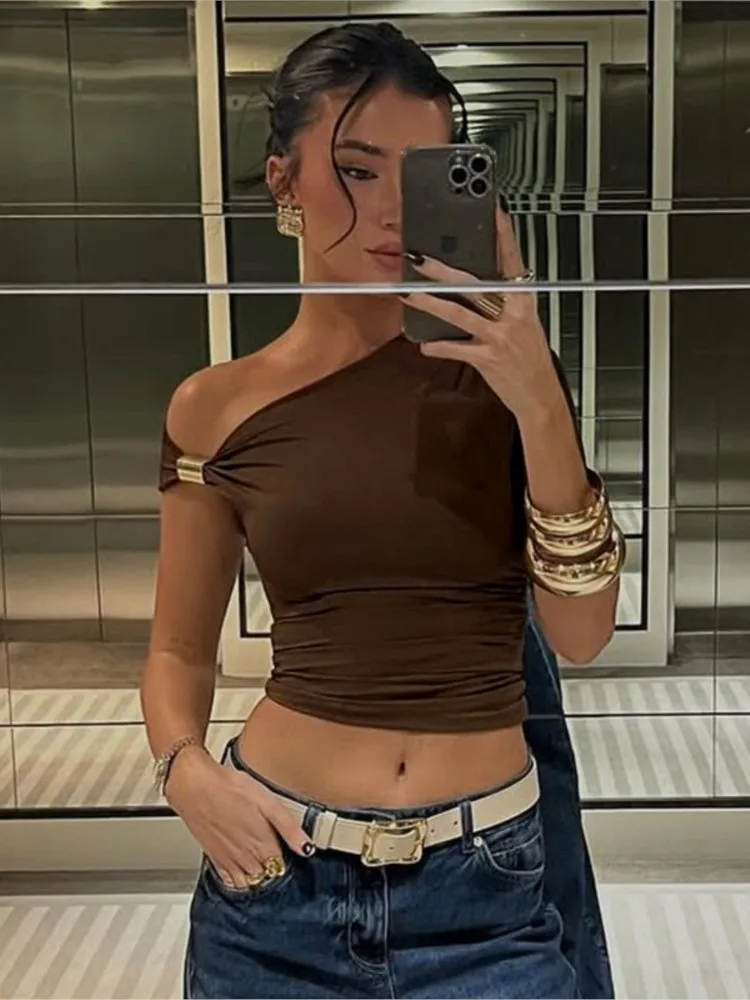 

New Summer Sexy Women Metal Asymmetrical Neck Short Sleeve T Shirt, Y2k Slim Cropped Tank Tops, Casual Women Clothes, Streetwear