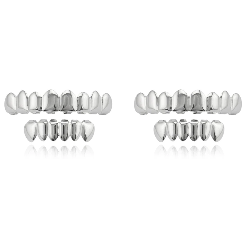 2X New Hip Hop Teeth Set Top Bottom Mouth Teeth Grills Fashion Removable  Grills Jewelry(Silver+White)