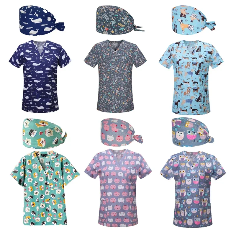 Unisex Print Scrubs Tops Medical Nurse Scrubs Uniform Cartoon Pediatrician Workwear Beauty Salon Work Clothes Doctor Scrub Set