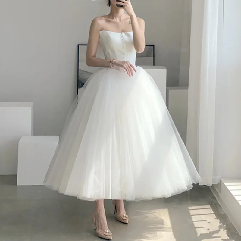 Customized New Simple Strapless Wedding Party Vestidos Elegant French Temperament Tube Prom Dresses Fluffy Ball Gown Princess Ev