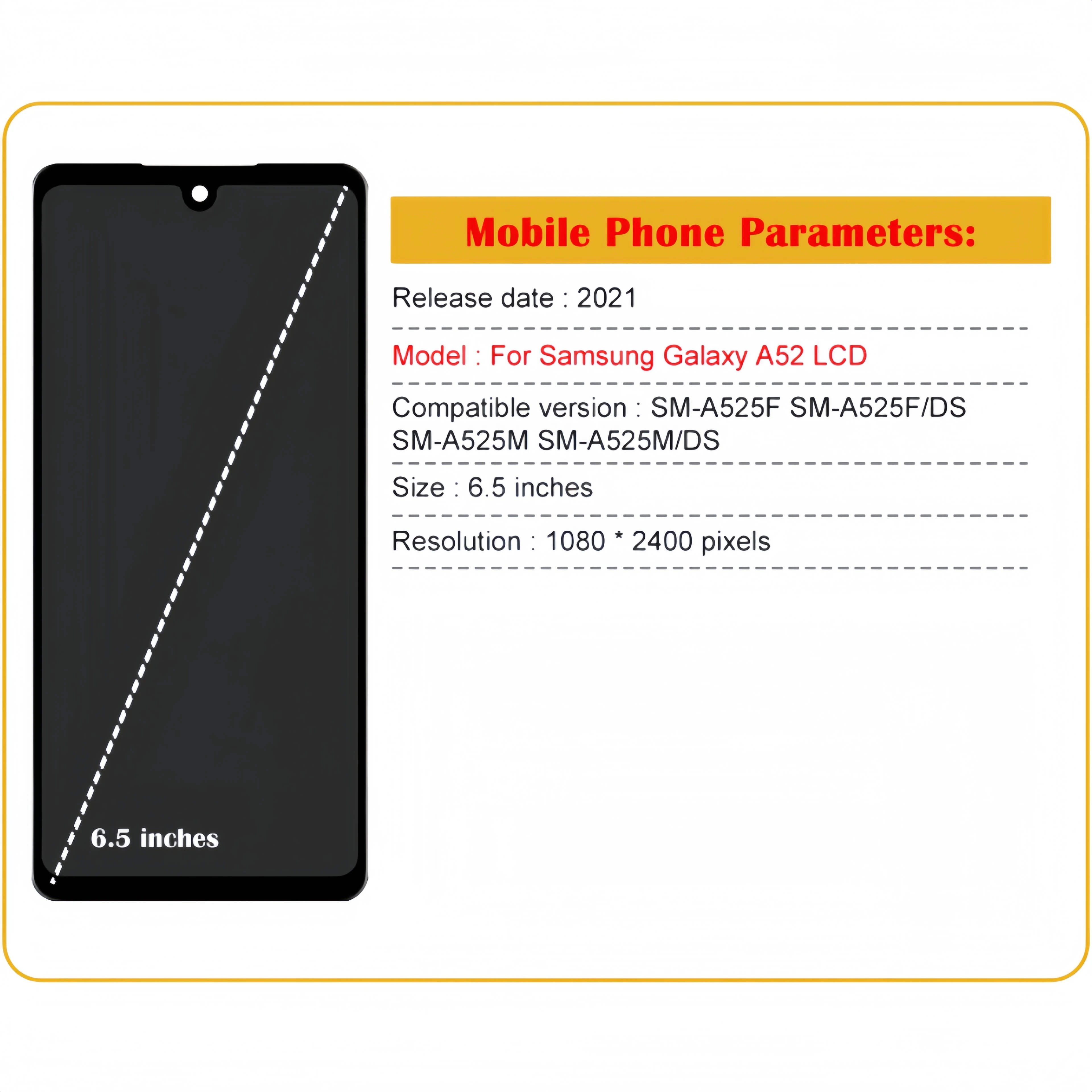 For Samsung Galaxy A52 4G A525 SM-A525F SM-A525F/DS SM-A525M SM-A525M/DS LCD Display Touch Screen Digitizer Assembly Replacement