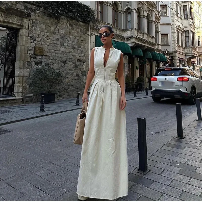 

2025 летнее женское платье без рукавов на молнии с карманом на талии, длинное однотонное элегантное платье