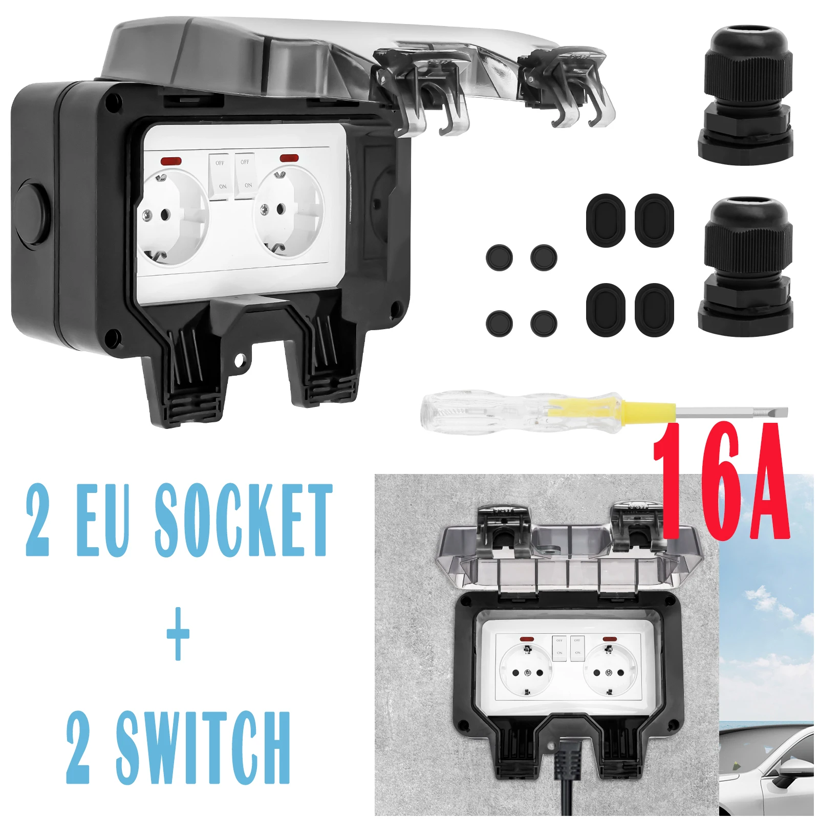 

Двойная розетка европейского стандарта, устойчивая к атмосферным воздействиям розетка для выключателя питания, 16 А, наружная розетка с пылезащитной крышкой и 2 переключателями для домашнего сада