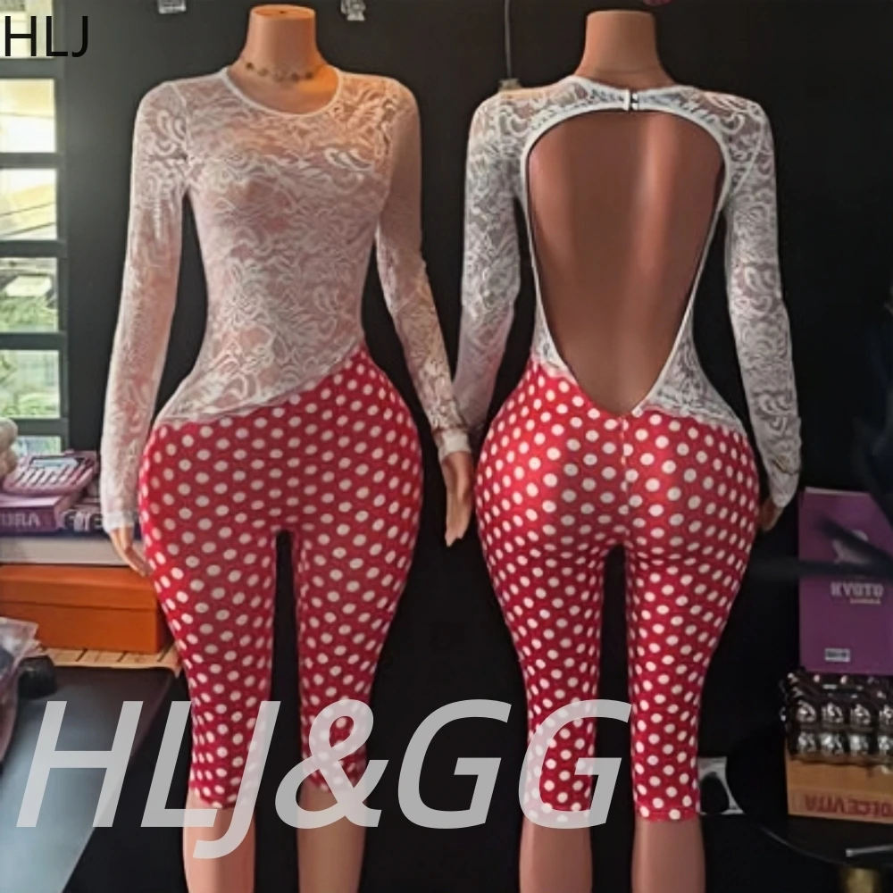 

HLJ Vintage Fashion Polka Dot Print Lace Spliced Bodycon One Piece Jumpsuits Women Round Neck Backless Rompers Fashion Overalls