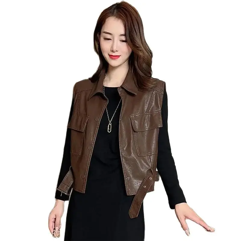 Hong Kong Style Leather Vest Female Spring Autumn 2023 New Fashion PU Leather Jacket Women\'s Vest Waistcoat Locomotive Clothing