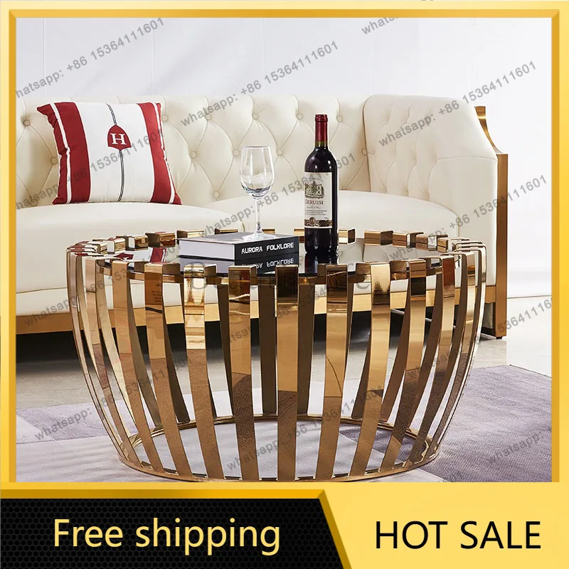 LS European living room round coffee table stainless steel marble complete simple metal coffee table creativity