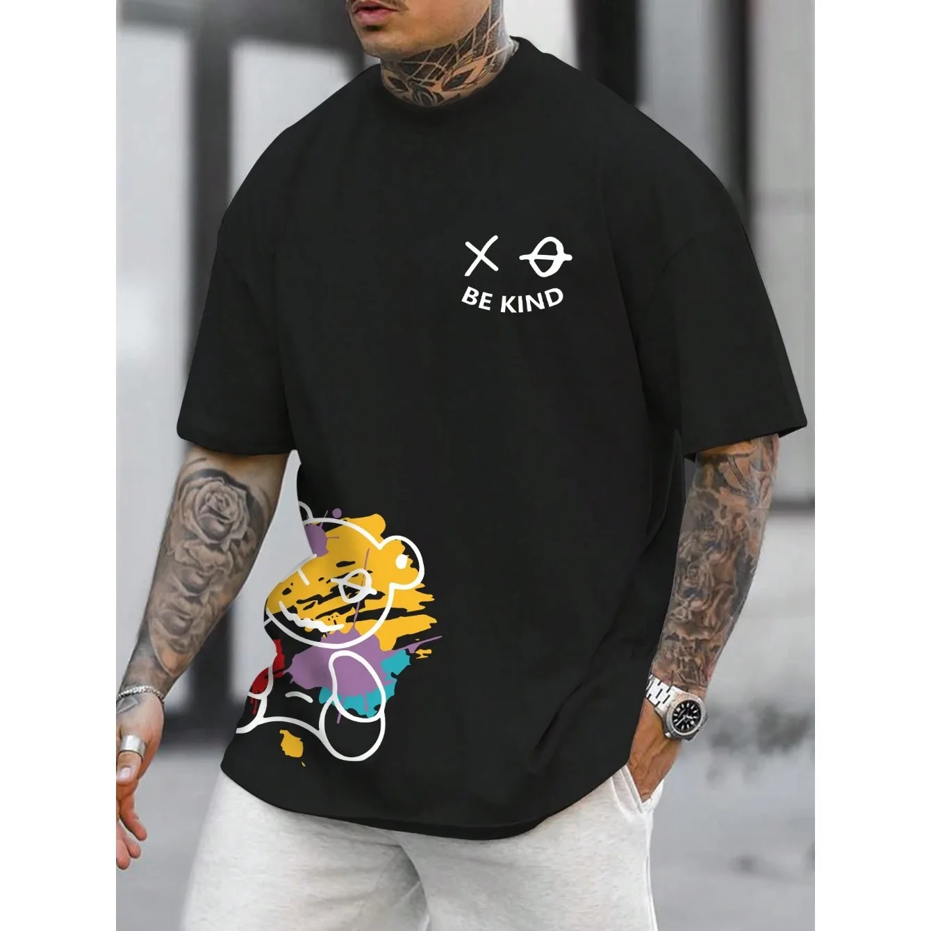 Men\'s 100% Pure Cotton Summer Loose Size BE KIND Letter Cartoon Print Casual Comfortable O Neck Short Sleeved T-shirt Top