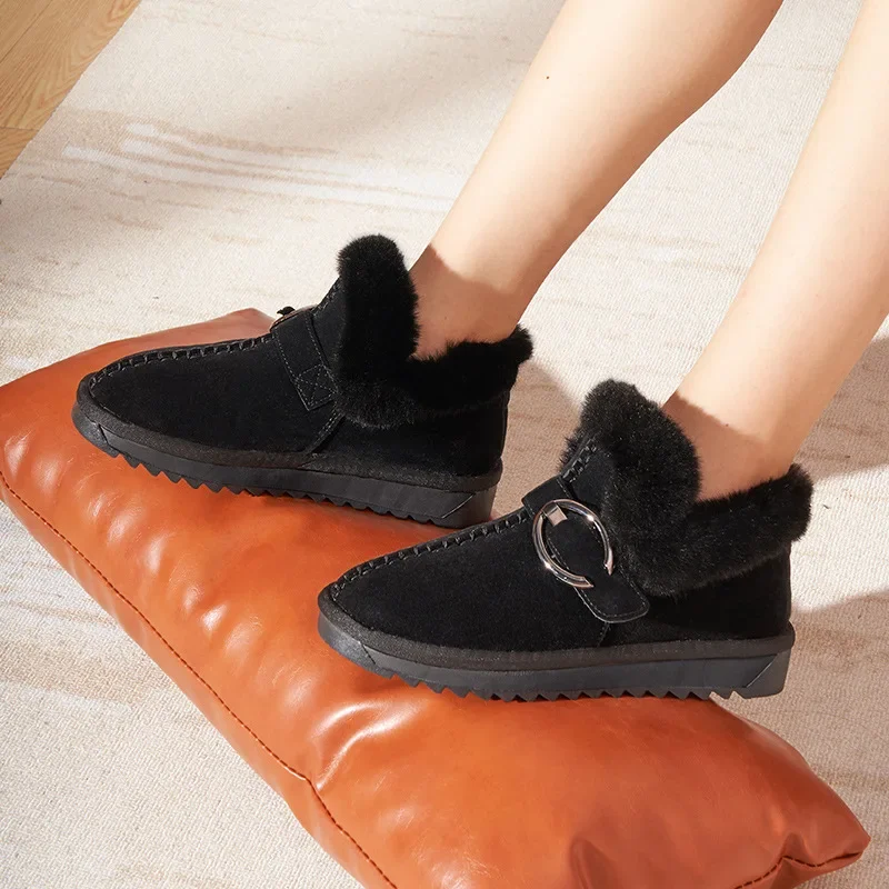 Zapatos planos de piel para mujer, mocasines de algodón antideslizantes, botas de nieve cálidas, zapatillas de felpa sin cordones, zapatos de