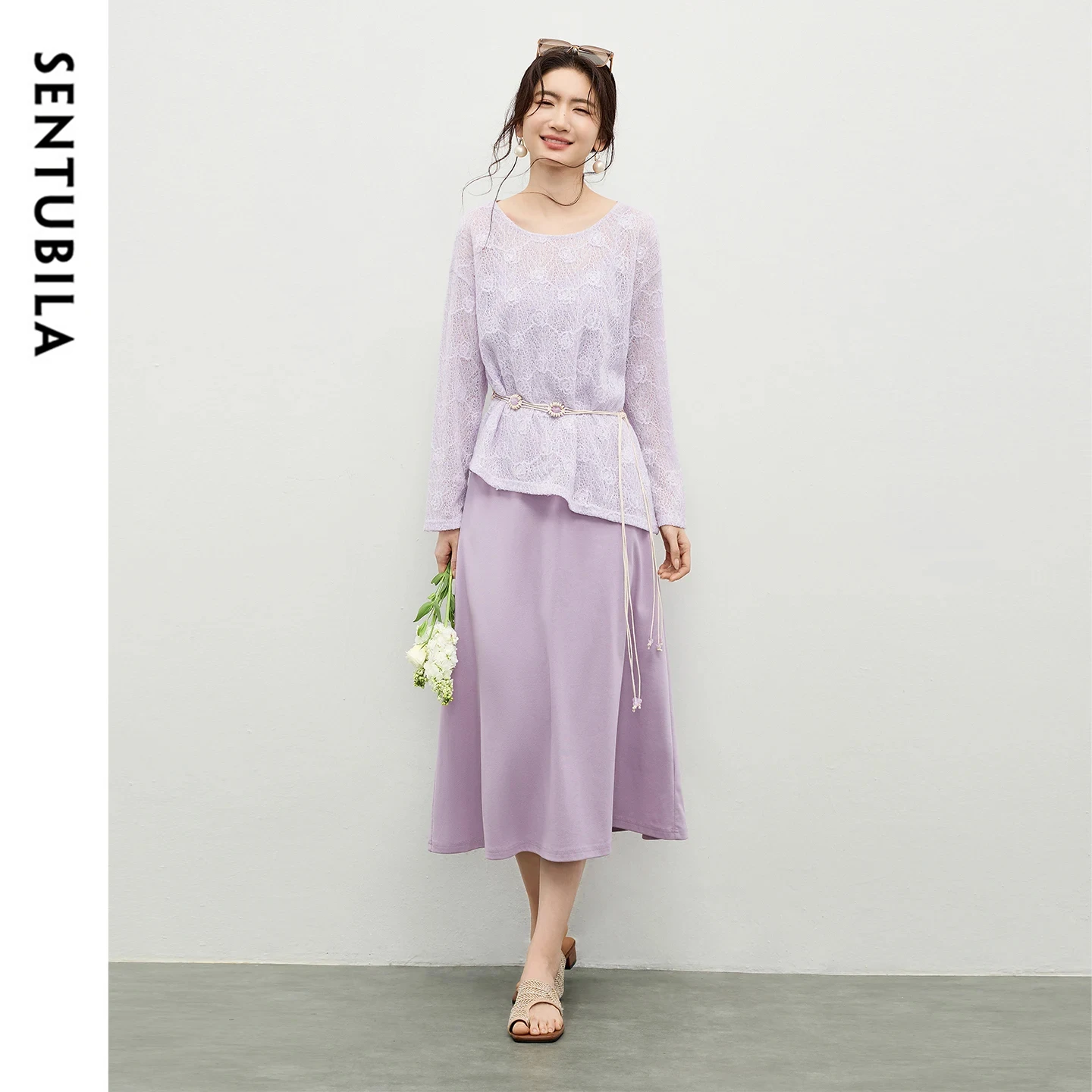 

SENTUBILA Women's Knit Dress Sets 2026 Spring New O-Neck Cut Out Lace Top Adjustable Strap A-Line Slip Dress Two-Piece 161ZB5716