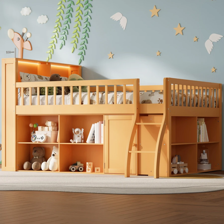Full Size Loft Bed with Storage, Headboard with LED Light, Natural Easy Assembly