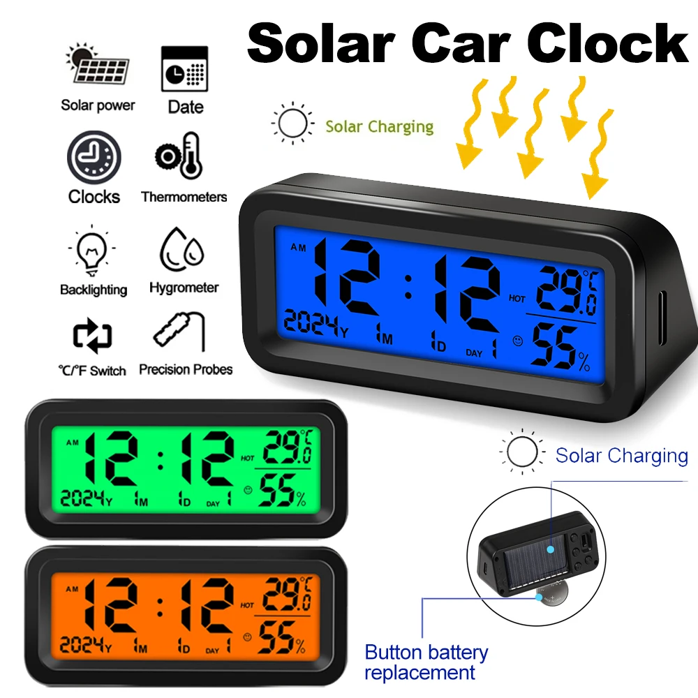 Cyfrowy zegar samochodowy zasilany energią słoneczną/USB z datą, tygodniem, temperaturą i wilgotnością, podświetlany wyświetlacz LCD, zegar samochodowy z podświetleniem