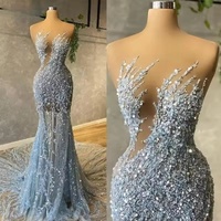 Sparkly Sky Blue Sequins Mermaid Prom Dreses 2025 Sheer Neck Plus Size Formal Evening Occasion Gown Vestidos De Novia Customized