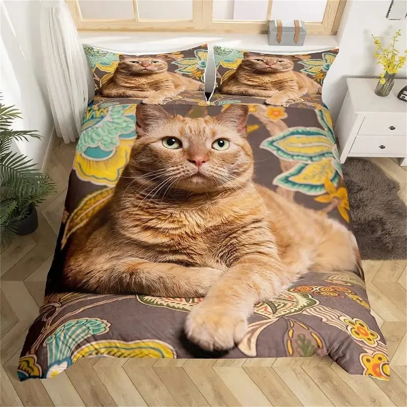 

Orange Cat Duvet Cover Set King Queen Size Cute Animals Pattern Polyester Comforter Cover Quilt Cover for Kids Teens Bedding Set