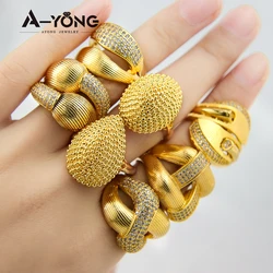 Luxury Saudi Gold Color Big Rings 21k Gold Plated Fashion Zircon Italian Chic Womens Mens Engagement Wedding Party Jewelry