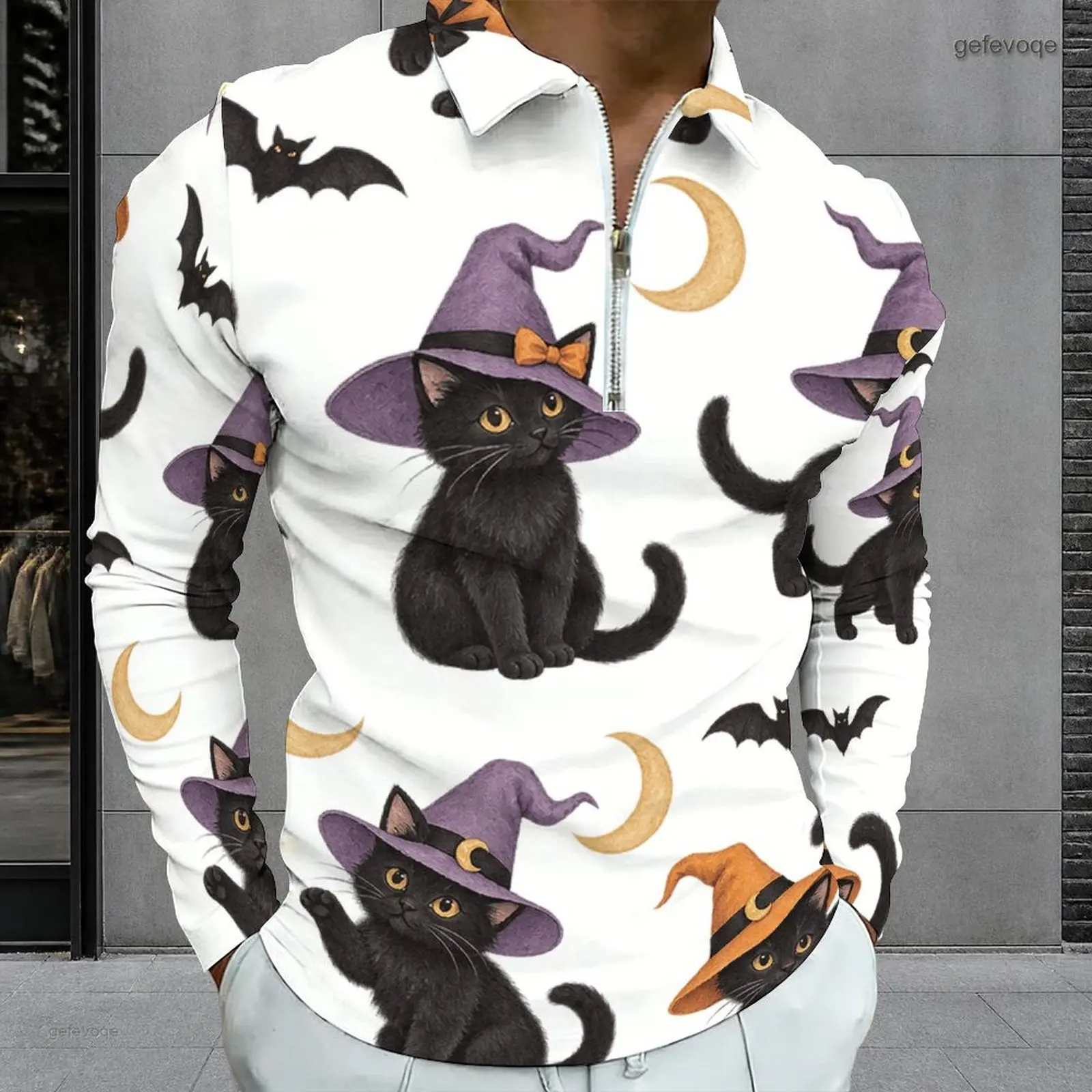 Men Printed Sleeping Cat Moon Star Pattern Quarter Zip Long Sleeve Polo Shirt