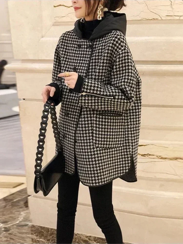 Giacche per le donne primavera autunno nuova moda coreana impiombata capispalla con cappuccio Plaid cappotto da donna sciolto abbigliamento femminile Casual