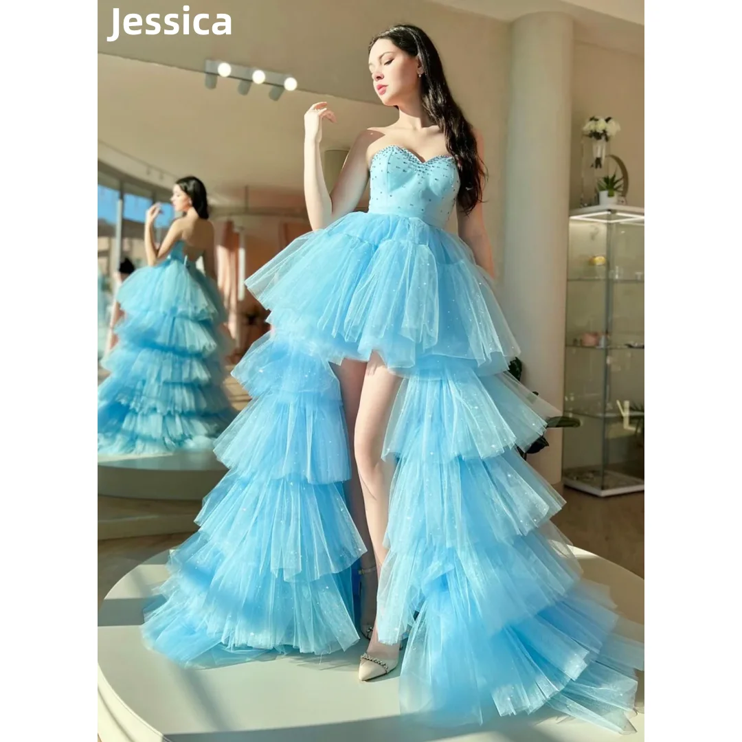 

Jessica Sky Blue Robes De Soirée Glitter Tulle High And Low Layering Prom Dresses Princess Evening Dresses Wedding Party Dress