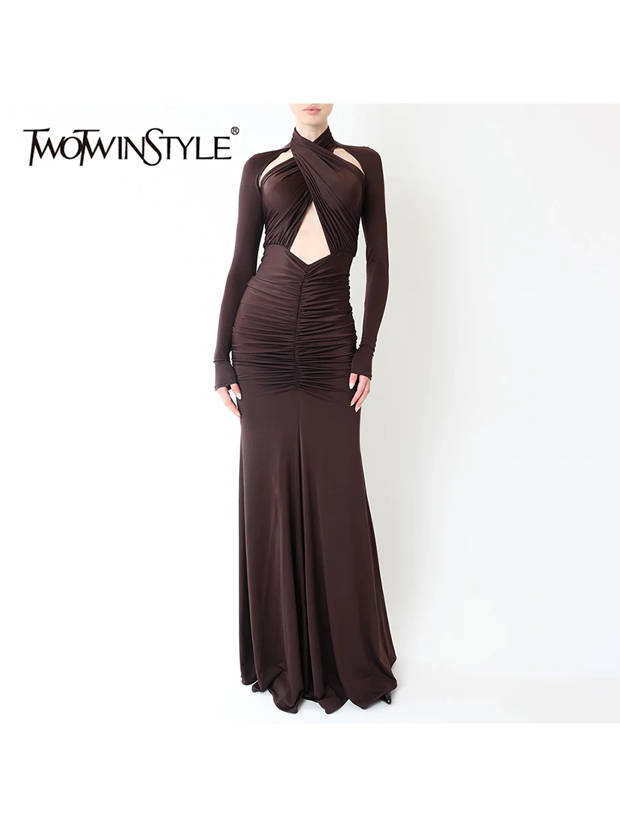 ชุดเดรสเซ็กซี่ทรงเข้ารูป TWOTWINSTYLE สำหรับผู้หญิง คอสูง แขนยาว แต่งผ้าต่อกัน จับจีบ เอวสูง เสื้อผ้าผู้หญิง