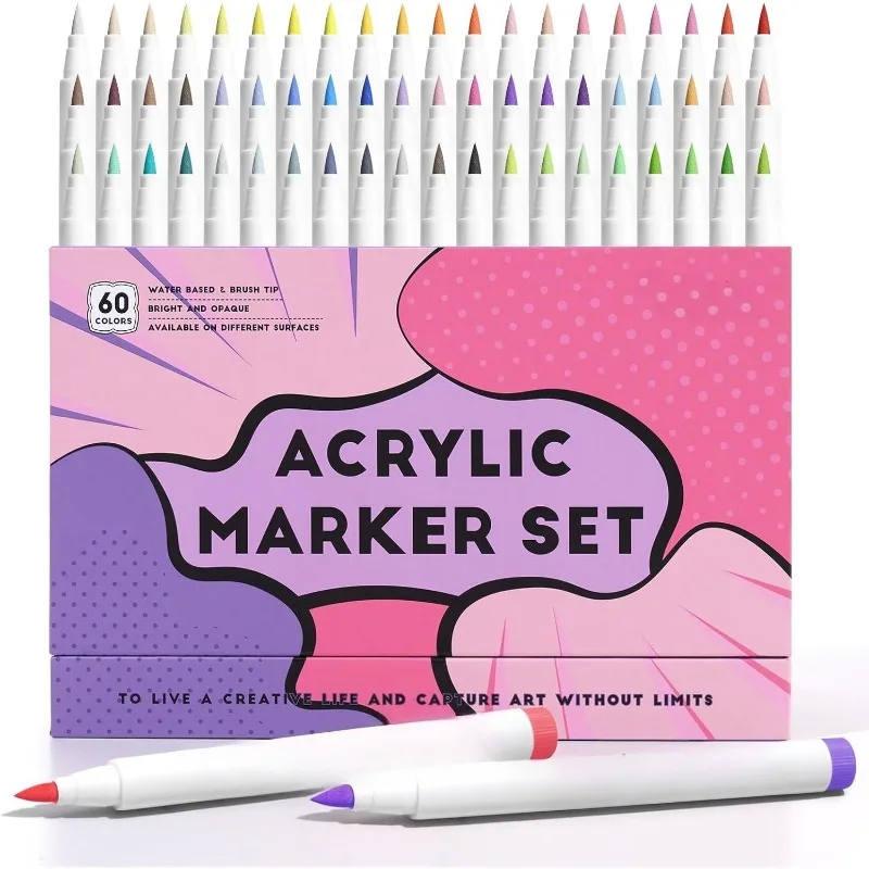 

60 Paint Markers Brush Tip, Acrylic Craft Markers for Rock Painting, Glass Art, Wood Canvas - Perfect for Artists & DIY Crafters