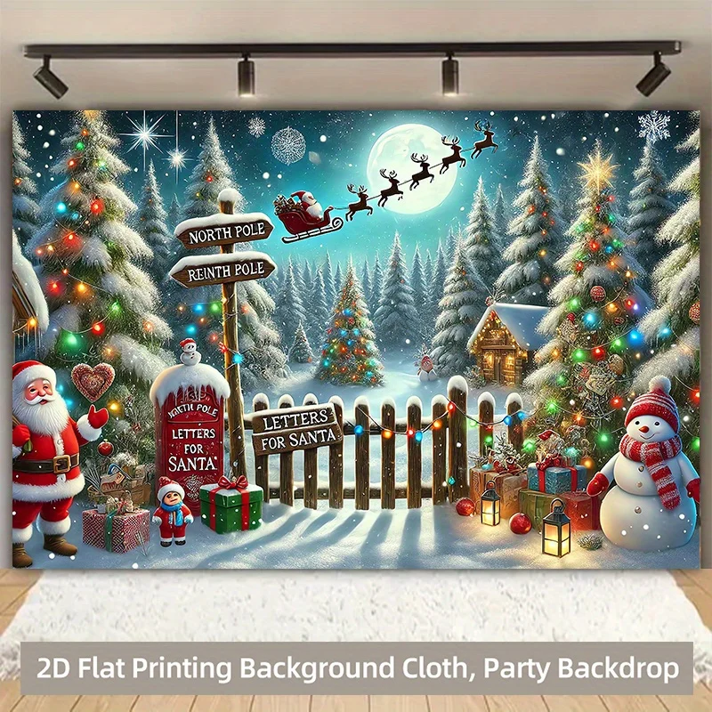 

2D plane, 1pc winter wonderland Christmas background banner with Santa Claus sleigh, snow house, flashing and Santa Claus