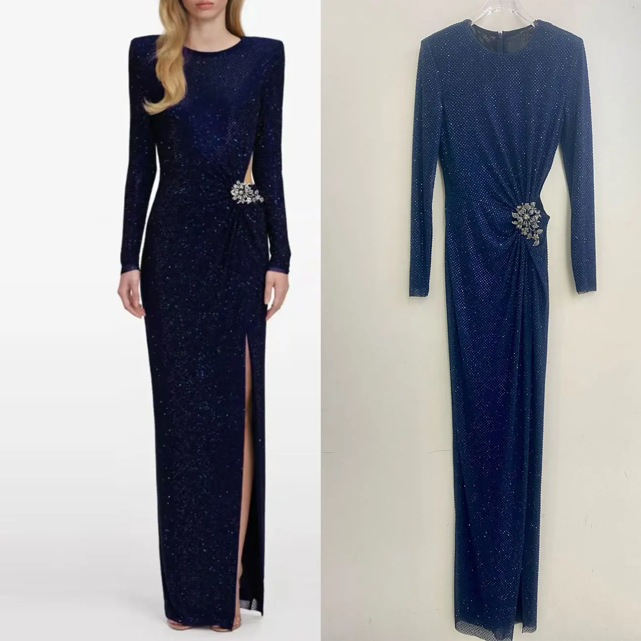 Women Rhinestone Embellished fashion Maxi Dress Long Sleeve Shoulder Pad Formal Evening Gown Cut‑Out Waist Slit Party Dress