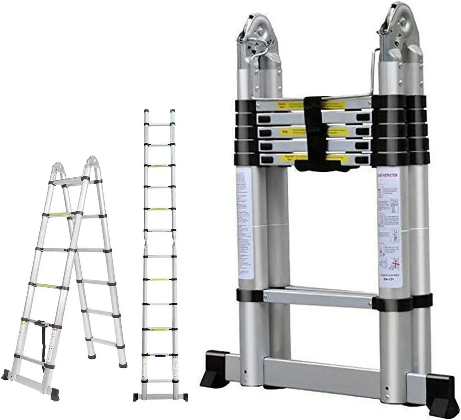 Ladder 12.5ft A-Frame Aluminum Telescopic Extension Ladder with Stabilizer Non Slip Feet, 330lbs Load Capacity EN131 Standard, H