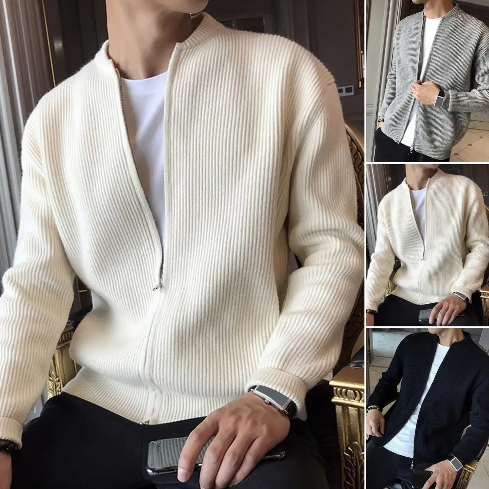 

Men Coat Zipper Closure Stand Collar Long Sleeves Ribbed Soft Keep Warm Solid Color Autumn Winter Cardigan Sweater Jacket