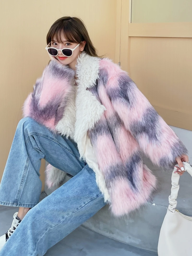 Fur Internet Hot Fall and Winter Lapels Suit Collar Long  Stitching Imitation Mid-Length Coat