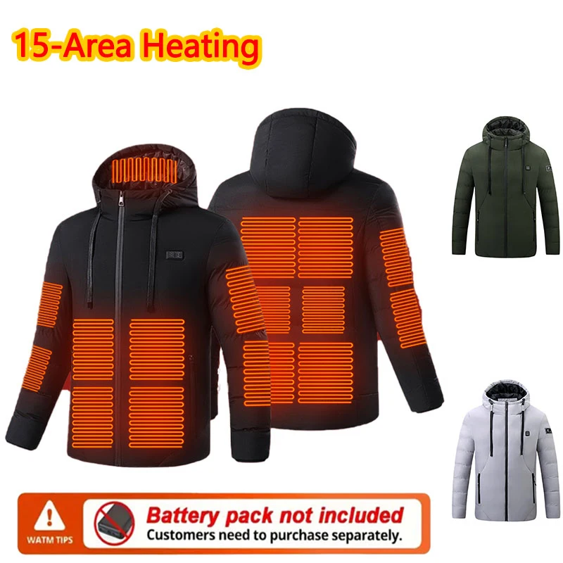 15-fach beheizte Winter-Kapuzenjacke für Herren, warme beheizte Jacke für Damen, Outdoor-Sport, Thermo-Kapuzenmantel (keine Powerbank nicht im Lieferumfang enthalten)
