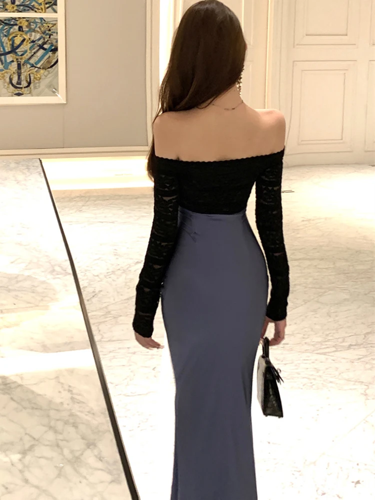 2025 bleu Patchwork noir dentelle Slash cou Sexy longue robe femmes élégant faux deux pièces robe automne hiver coréen robe moulante