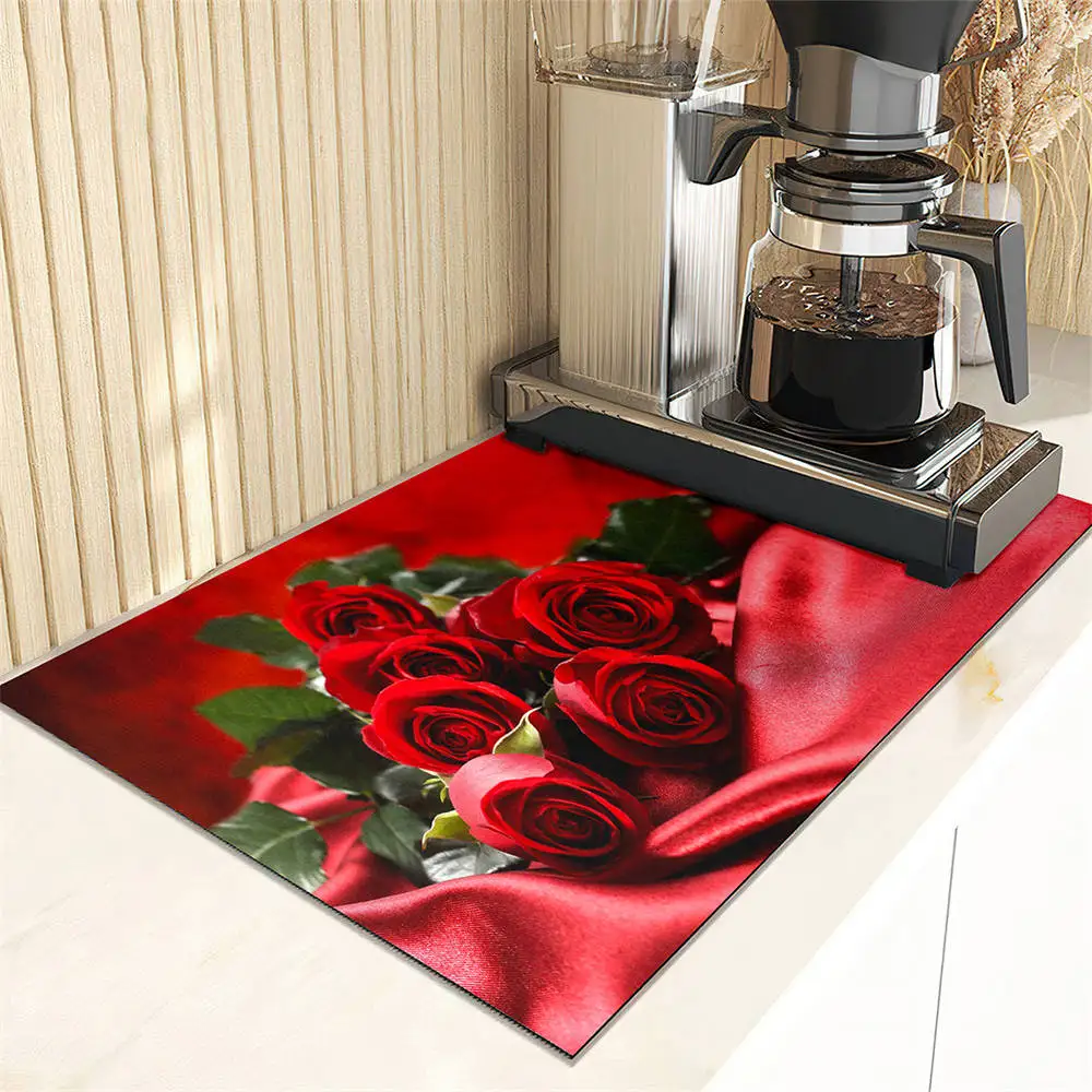 Red Rose Flowers Pattern Drain Pad Absorbent Dish Drying Mat Non-Slip Anti-mildew Counter Top Mat Sink Dish Draining Mat