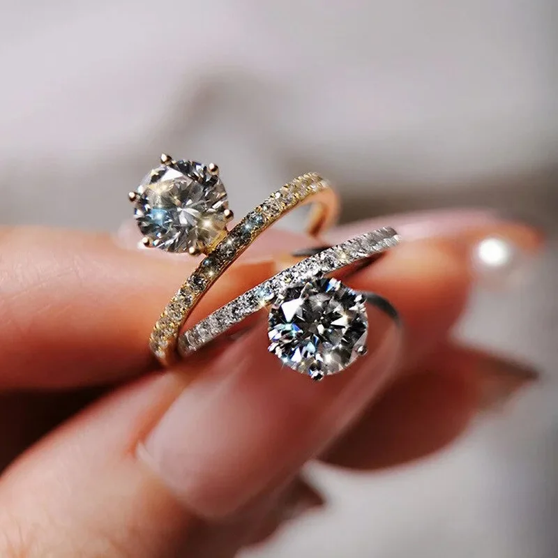 

Luxury Female Rings 925 Sterling Silver White Crystal Stone Ring 6 Claws Zirconia Wedding Rings for Women Geometric Ring Jewelry