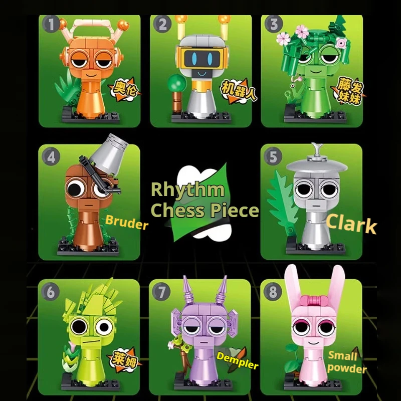 Mini set di mattoncini da costruzione per bambini, set di blocchi di scacchi ritmici con 8 figure: Orun/Robot/Capelli di vite Sorella/Brood/Clark/Lem/Depler/Pinky