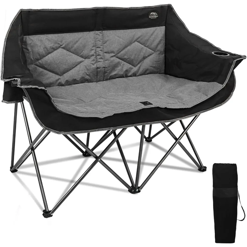 كرسي تخييم قابل للطي بمقعدين، كرسي مزدوج محمول مع حامل أكواب، حامل زجاجي للنبيذ، حقيبة حمل كرسي حديقة عالي التحمل لـ 2