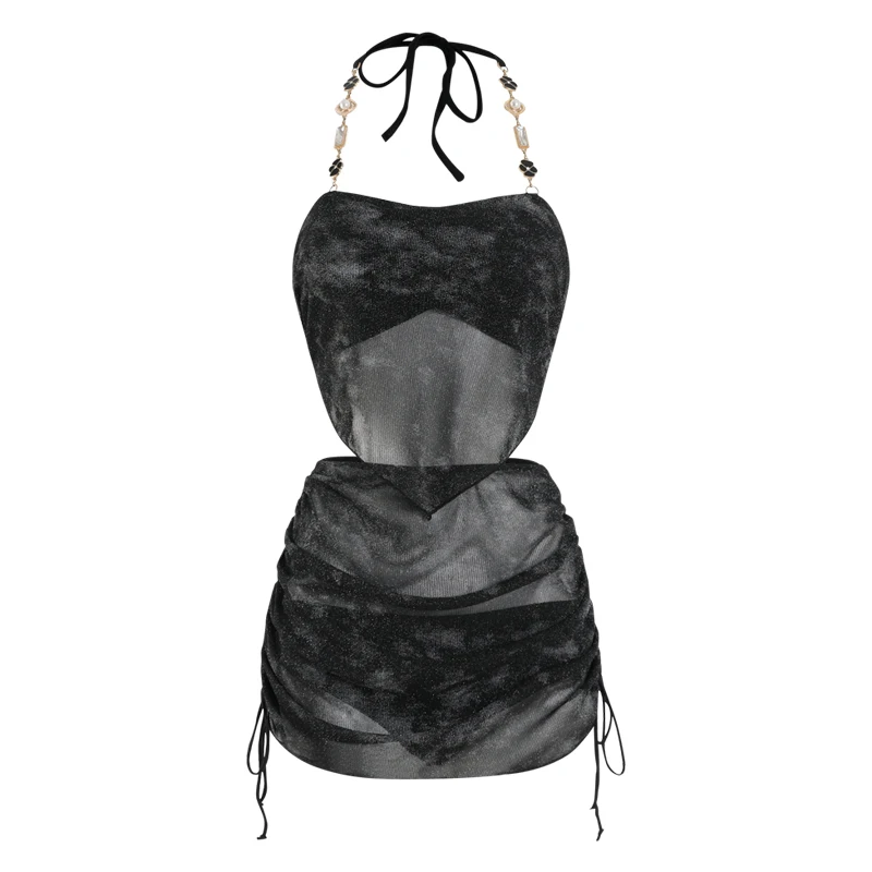 Japanese Sweet Cool Hot Girl Bikini Set Chain Neck Chest Pad Crop Tops Drawstring Skirt Seaside Vacation Swimwear Swimsuit Women