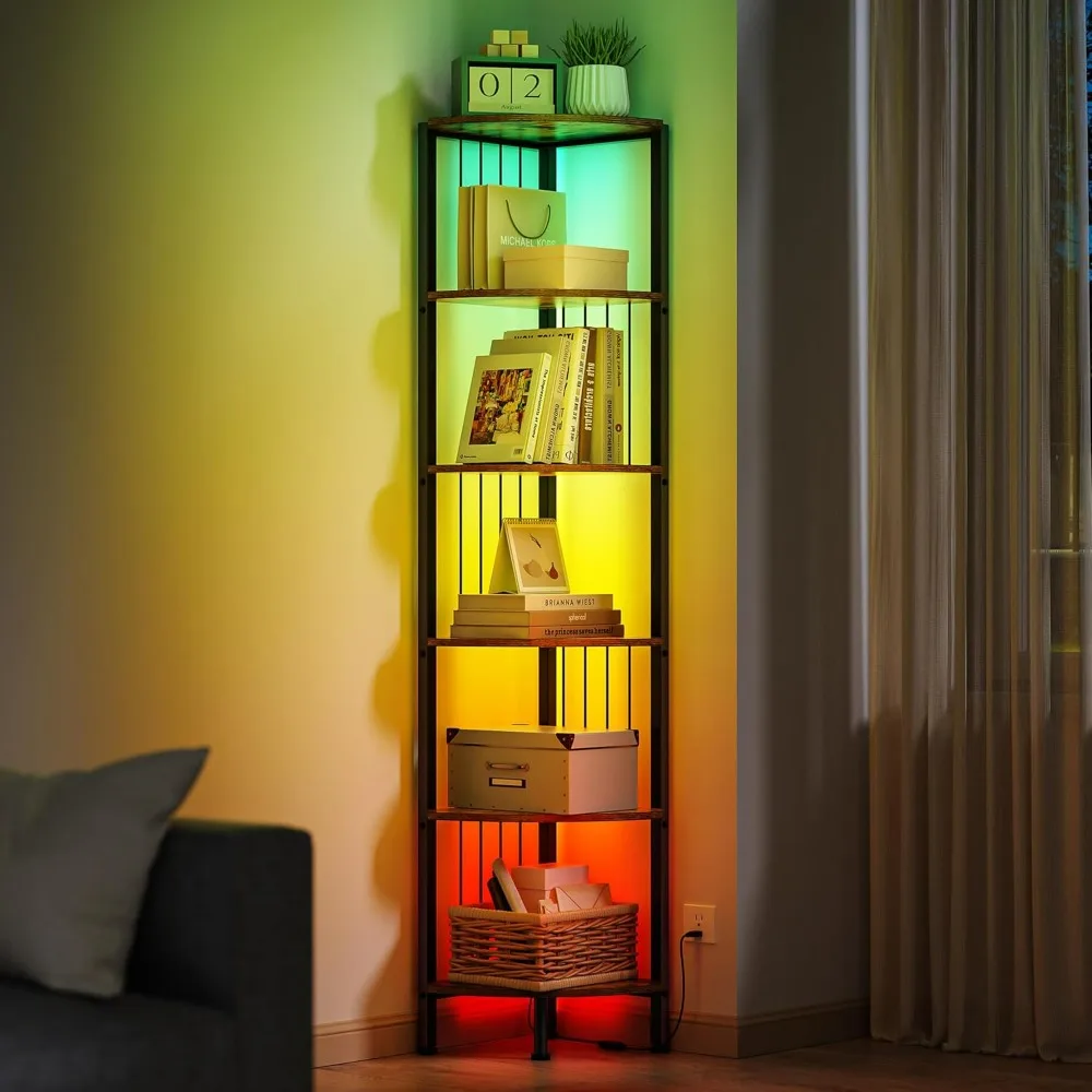 

6 Tier Corner Shelf with Light, Music Sync and 16 Million DIY Color, Narrow Corner Bookshelf with Smart Remote, Display Shelf