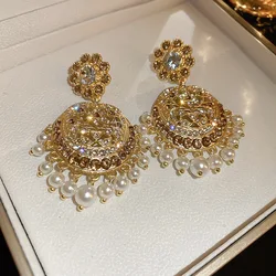 New Baroque Style Gold Color Rhinestone Flower Pearl Tassel Earrings For Women Statement Jewelry Vintage Crystal Earings Party