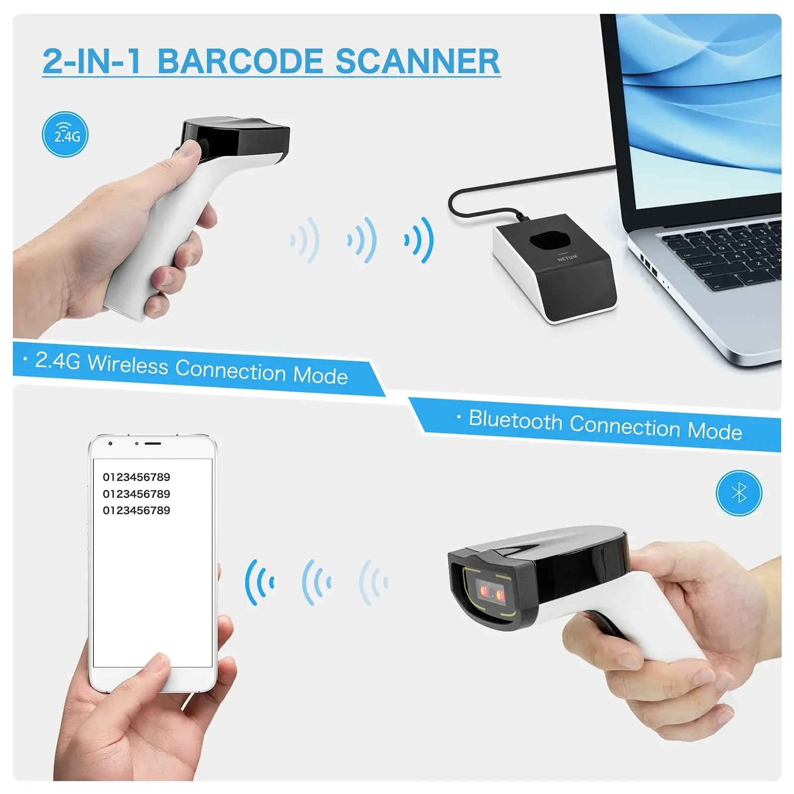 Scanner de código de barras sem fio NETUM DS8100 Blue Tooth 13,56 MHz HF NFC RFID 1D 2D