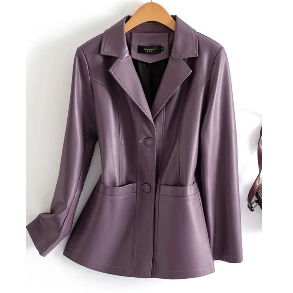 

Fashion Purple Long Sleeve Women Sheepskin Jackets Casual Button Pockets Ladies Lapel Slim Split Sheep Leather Jackets M-6XL
