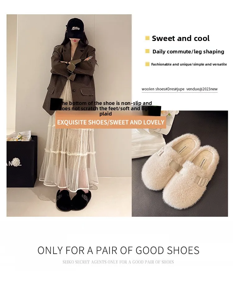 Weiche Teddyfell-Mule-Clogs für Damen, warme Plüsch-Slides für den Winter, flauschige Boken-Schuhe im Markendesign – Detail 2
