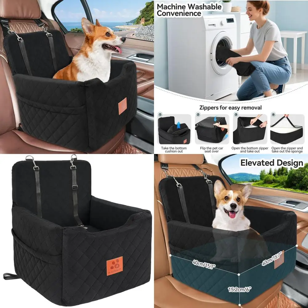 

Portable & Washable Dog Car Seat for Small/Medium Dogs Under 35lbs with 2 Safety Belts (Black)