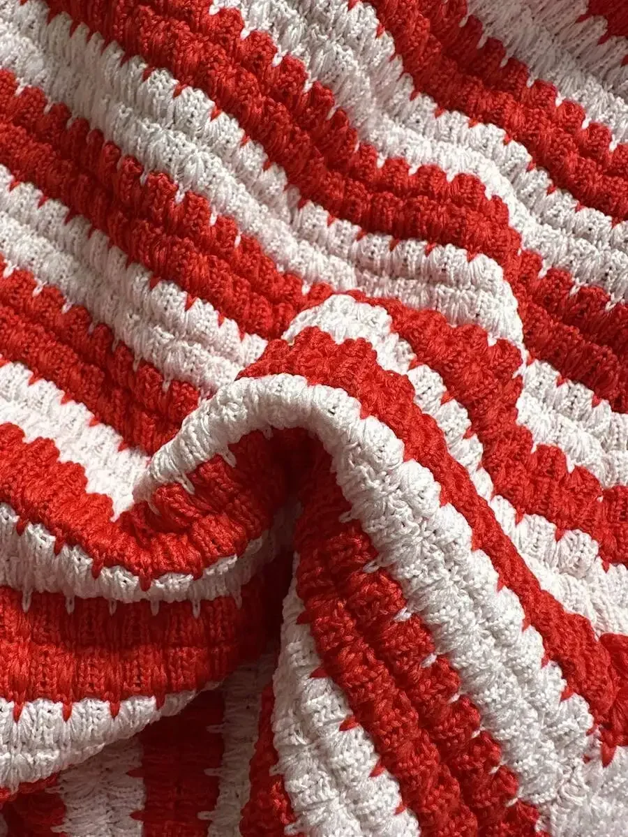 Red And White Striped Knit Beach Cover Up For Women Summer Vacation Outfit