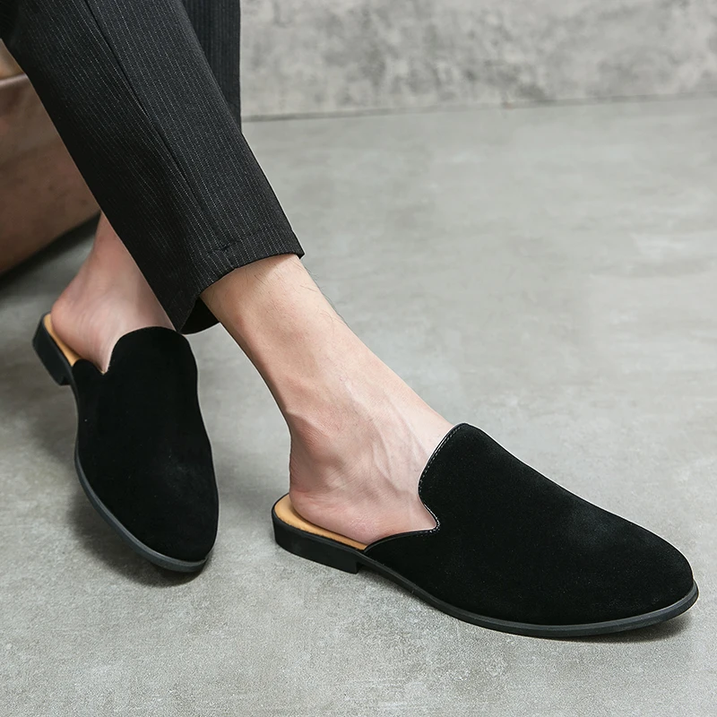Fashion Men's Recoilless Half Slippers for Summer 2026 Frosted Leather Loafers Suede Leather Slippers for Men Zapatos Casuales
