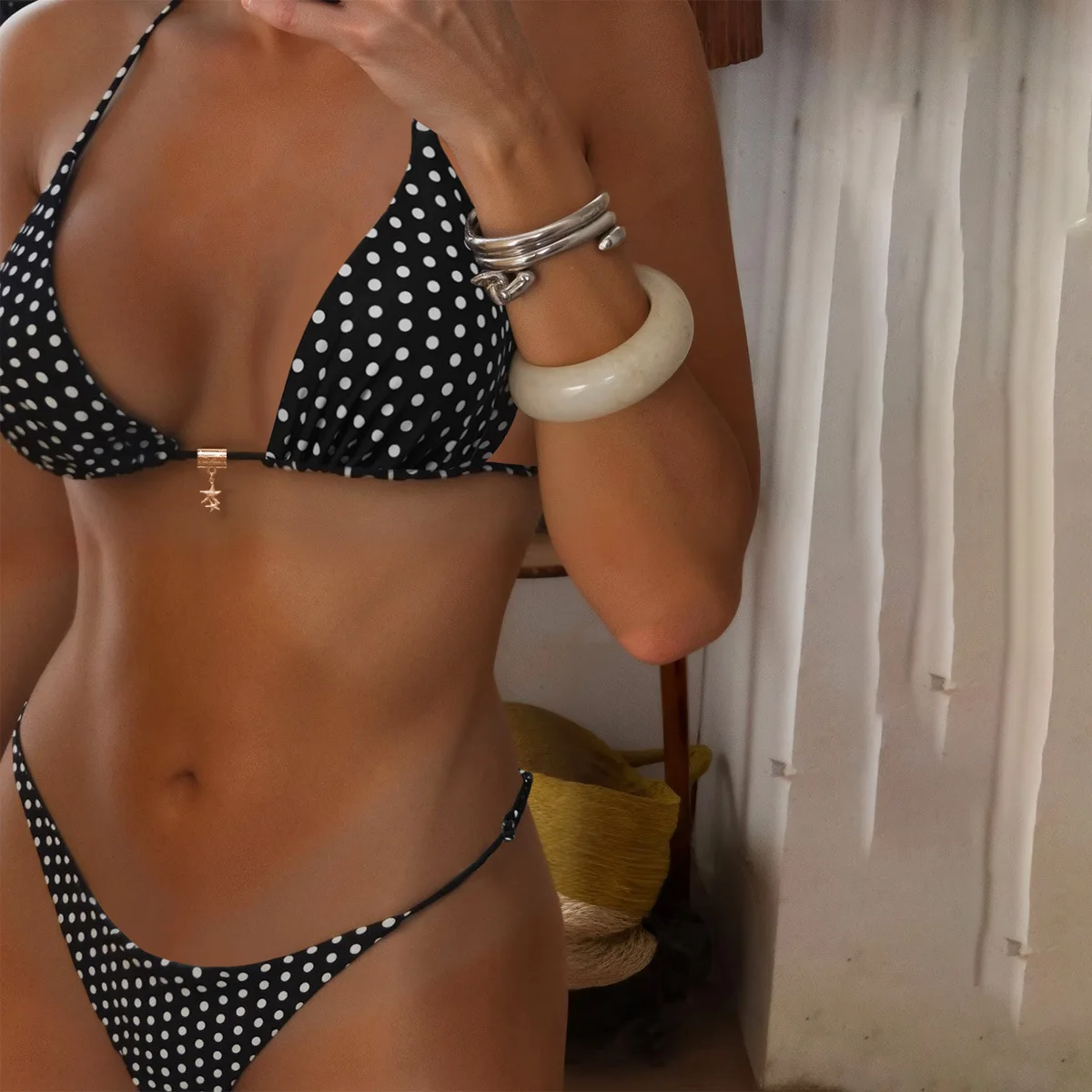 

2026 Floral Print Bikini Set with Dainty Pendant Sweet Triangle Top Adjustable Ties Two Piece Swimsuit Vacation Swimwear