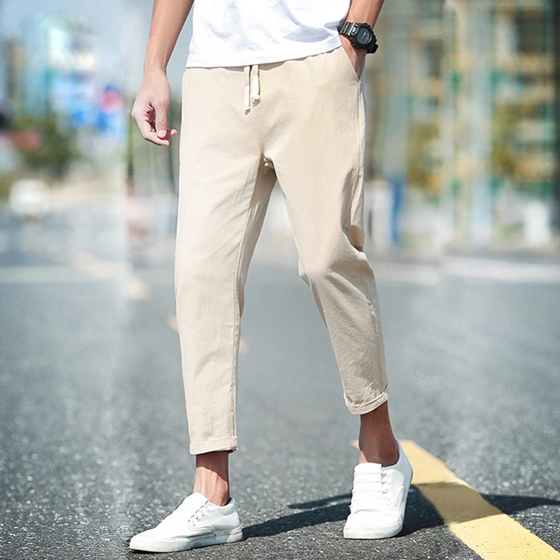 

Summer Casual Cotton Lin Men's Pants Slim Fit Nine Points Pants plus Size Comfortable Breathable Youth Faion Small Fre Sle