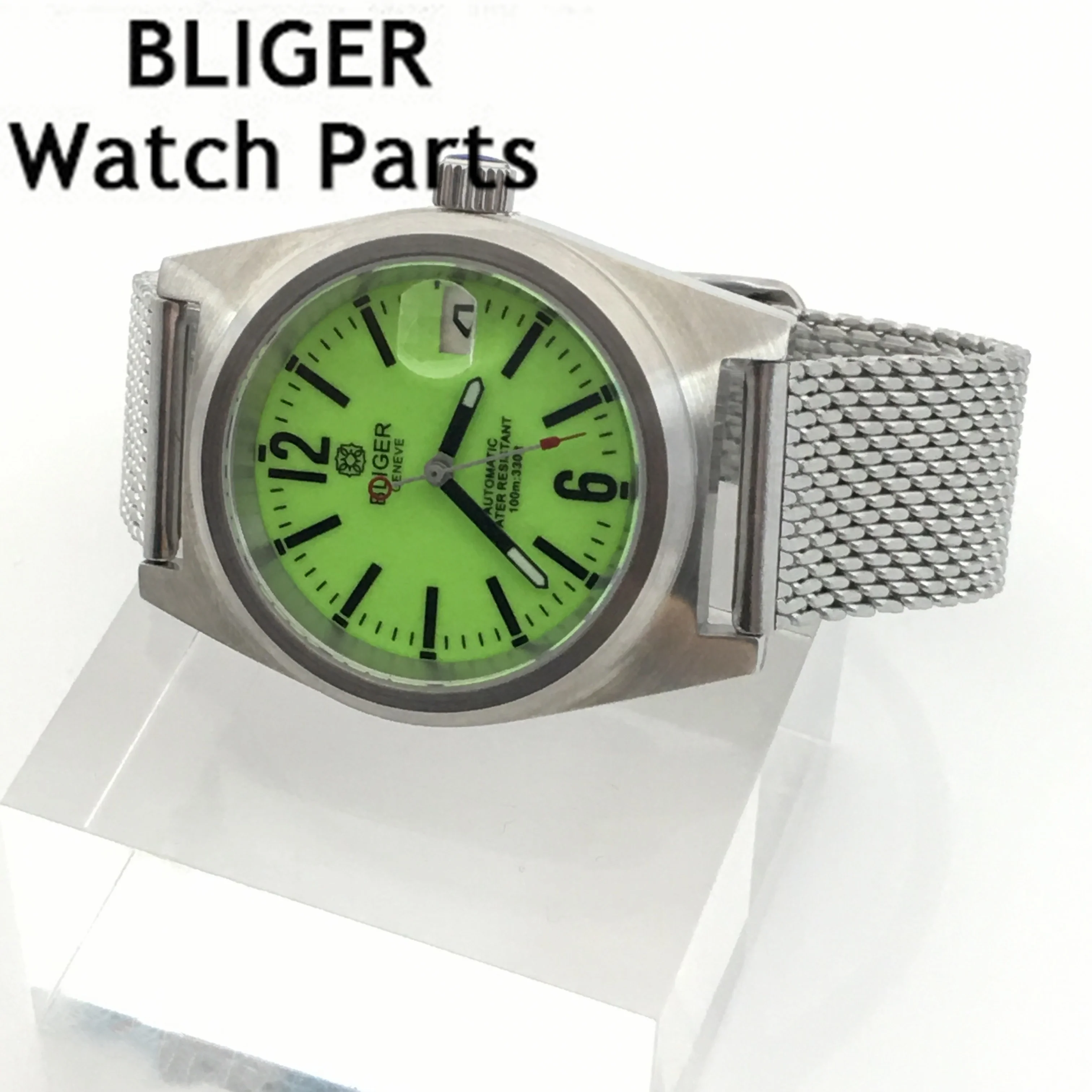 BLIGER 38mm New Mechanical Men Watch NH35 Date Solid Case Mental Bracelet Sapphire Glass Black White Dial