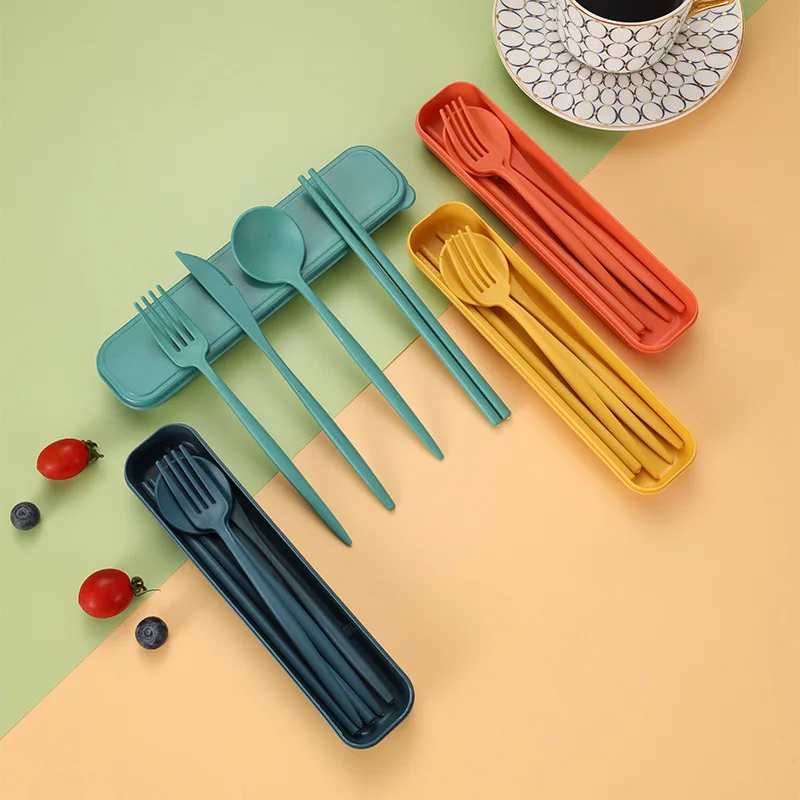 Trigo Palha Talheres Set para Crianças e Adultos, Colher, Garfo, Pauzinhos, Talheres Box, Louça, Viagem, Portátil, Acessórios de Cozinha, 4pcs